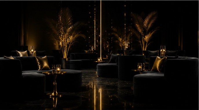 Zwarte lounge setting met gouden accenten