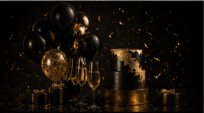 Zwart en goud ballonnen met taart